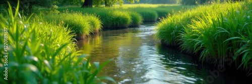 Winding reeds forming a sheltered haven for aquatic life in a slow-moving stream, shelter, foliage photo