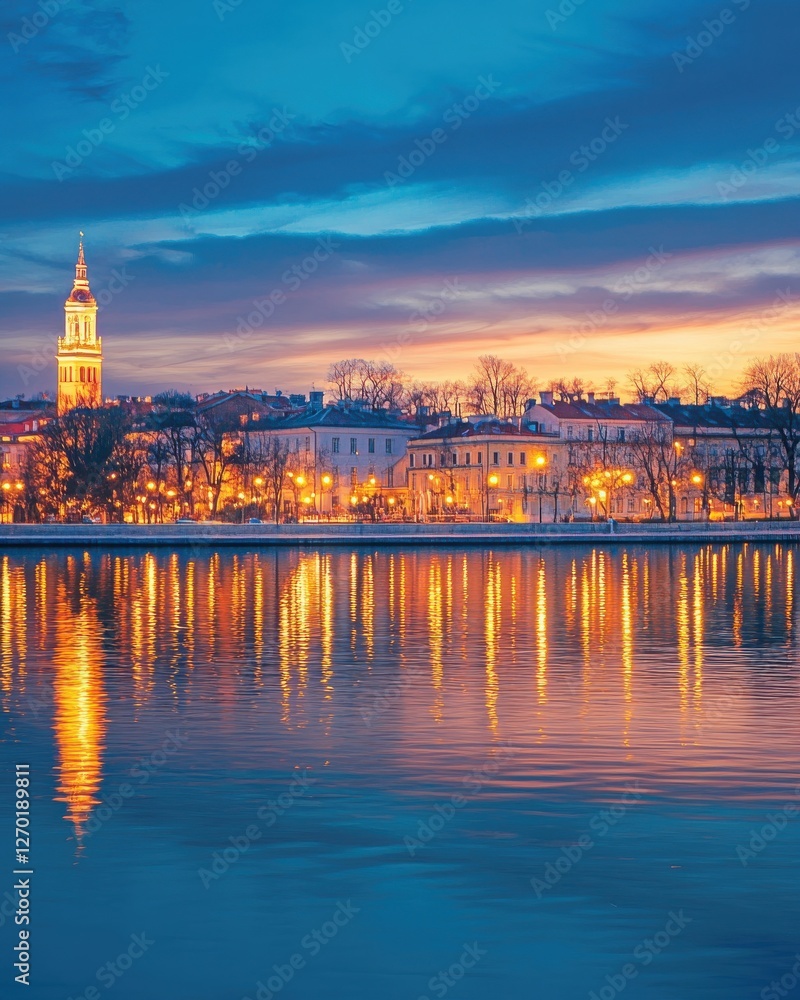 Obraz premium Historical cityscape at twilight with vibrant lights reflecting on water