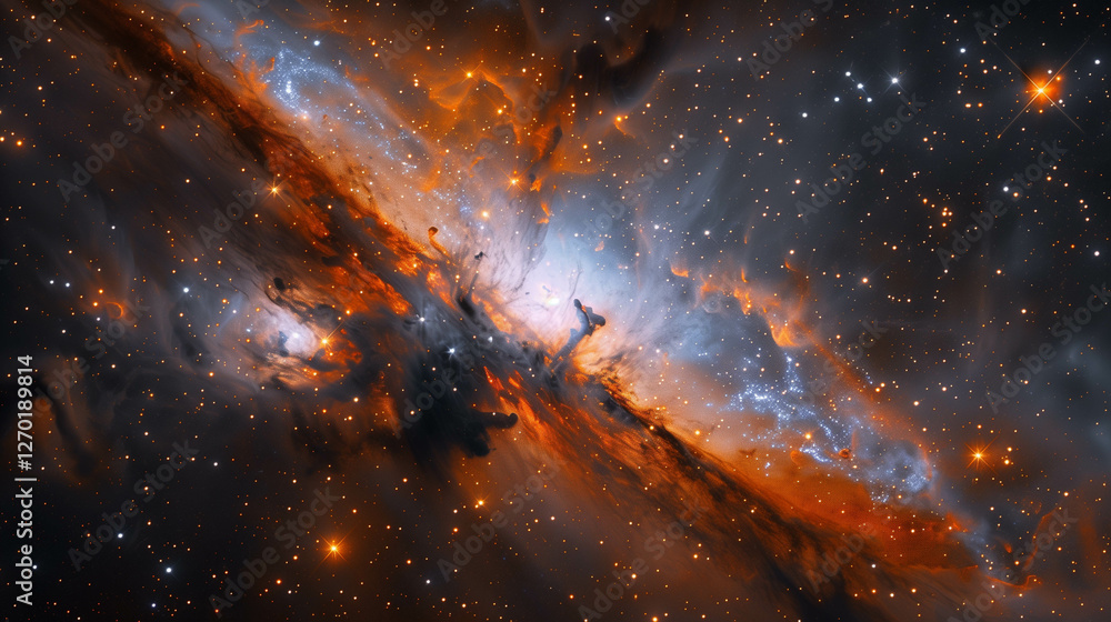 Naklejka premium Stunning cosmic nebula with glowing stars and fiery interstellar clouds