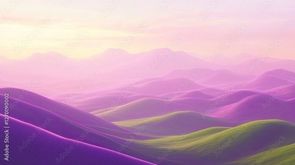 Serene landscape of rolling purple hills at sunset with soft light and distant mountains