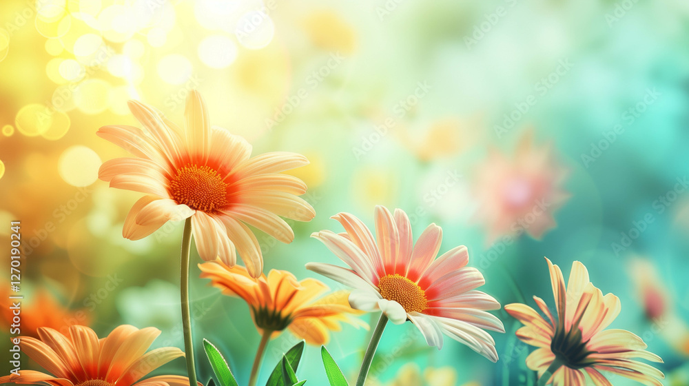 Fototapeta premium Soft sunlit daisies blooming in a dreamy meadow with golden light