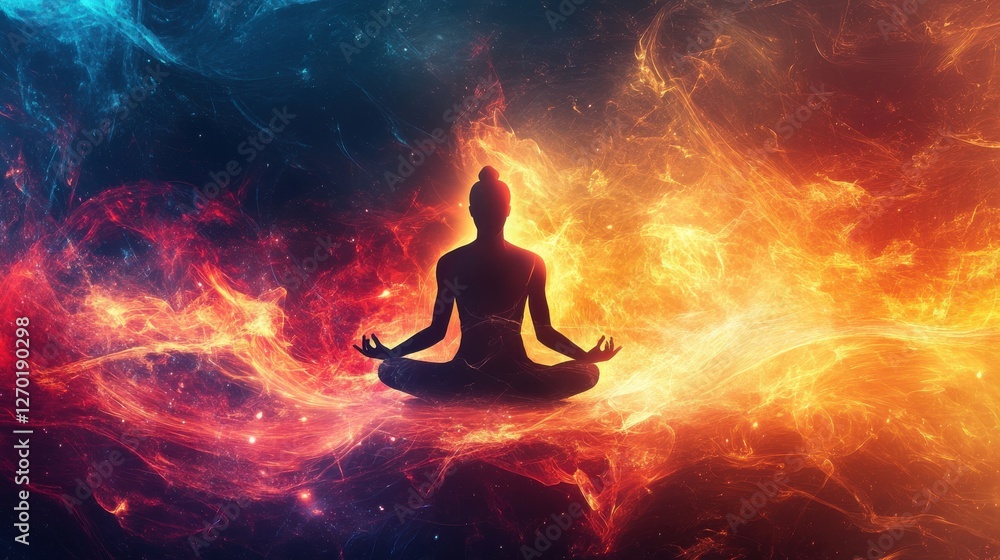 A serene figure immersed in deep meditation, encircled by radiant flames and pulsating energy. A serene figure immersed in deep meditation, encircled by radiant flames and pulsating energy.