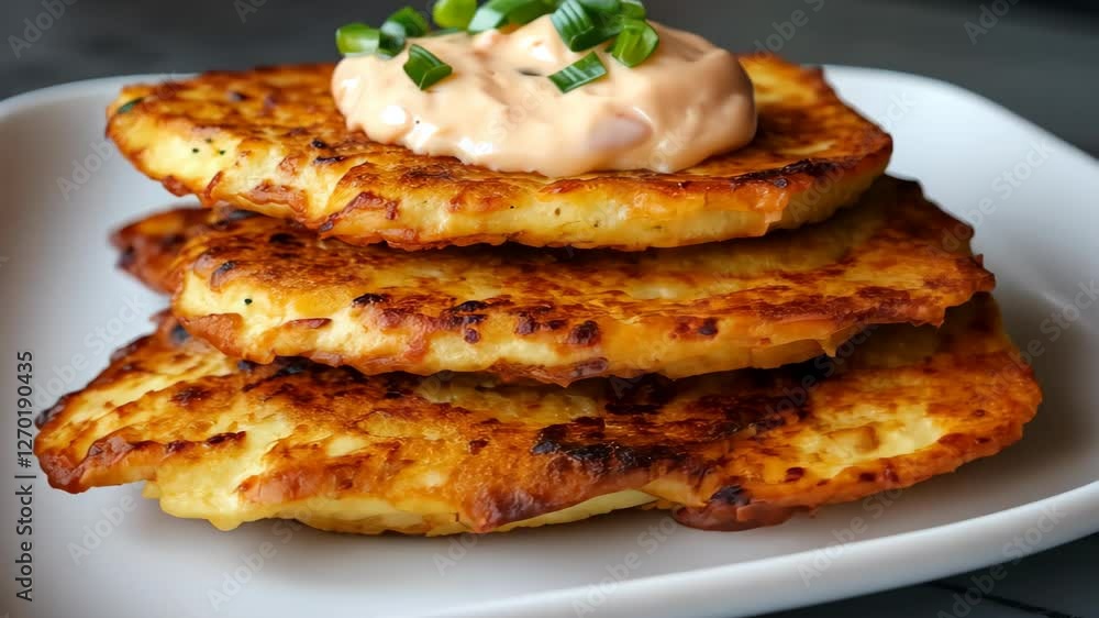 Delicious Crispy Latkes with Creamy Topping on White Plate Garnished with Fresh Green Onions for Hanukkah Presentation in Minimalist Setting Delicious Crispy Latkes with Creamy Topping on White Plate Garnished with Fresh Green Onions for Hanukkah Presentation in Minimalist Setting
