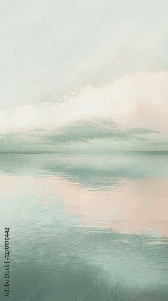 Obraz premium Serene pastel landscape with calm water reflecting soft clouds at twilight, ideal for relaxation
