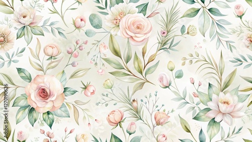 Fototapeta Naklejka Na Ścianę i Meble -  Elegant Watercolor Floral Pattern Delicate Roses, Peonies, and Greenery on a Soft Background
