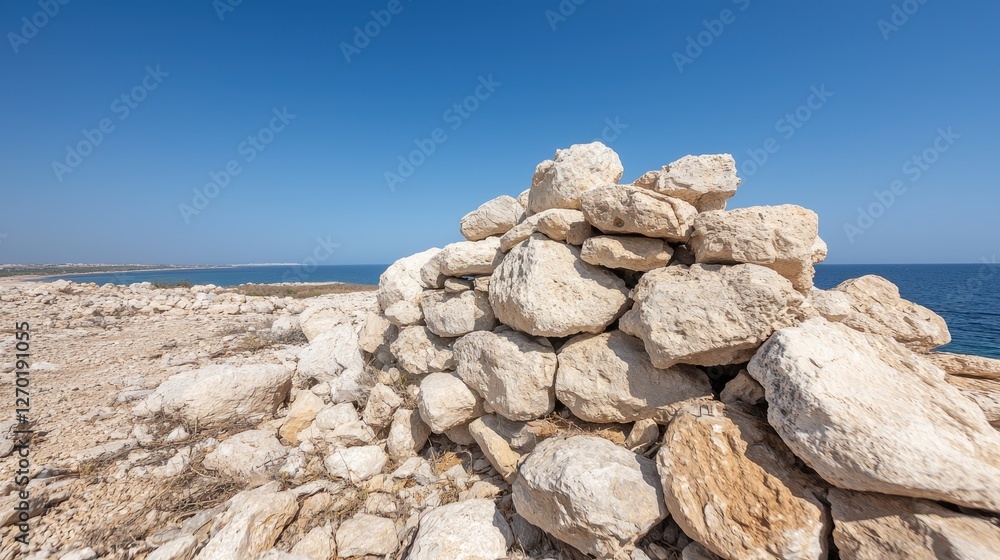 Coastal rock cairn, sunny day, sea view, travel photo Coastal rock cairn, sunny day, sea view, travel photo