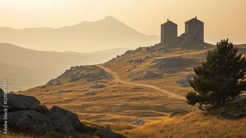 Obraz premium Scenic view of two ancient stone towers on a hillside during sunset with mountains in background