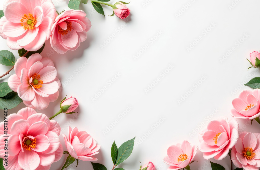 Creative layout of flowers on a white background with space for text. Frame of flowers. Floral banner. Greeting card for holidays: Mother's Day, March 8th, birthday. View from above Creative layout of flowers on a white background with space for text. Frame of flowers. Floral banner. Greeting card for holidays: Mother's Day, March 8th, birthday. View from above