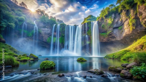 Serene Waterfall Cascading into a Tranquil Pool, Bathed in the Golden Light of Sunrise