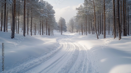 Serene winter landscape with snow-covered path winding through tall pine trees in tranquil forest