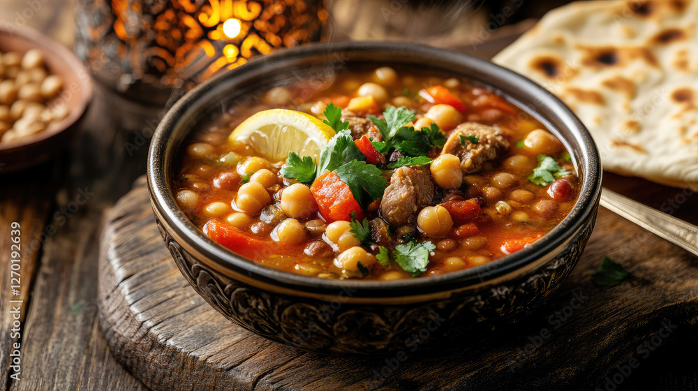 Steaming bowl of Moroccan Harira soup Steaming bowl of Moroccan Harira soup