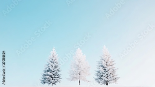 Snow-covered trees stand against a clear blue sky, creating a serene winter landscape
