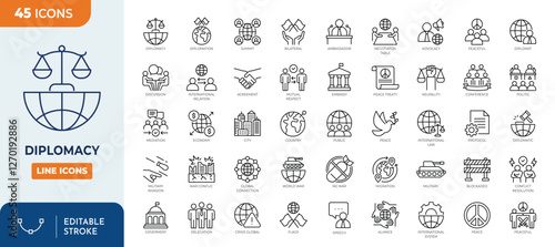 Diplomacy line editable icon set. Containing ambassador, negotiation, embassy, diplomat, neutrality, foreign policy, consulate, international relations, and more. Vector illustration