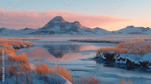Serene winter landscape with a mountain reflecting in a tranquil river at sunrise