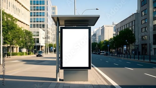 Vertical blank white billboard at bus stop on city street. In the background buildings and road. Mock up. Poster on street next to roadway.,space,urban