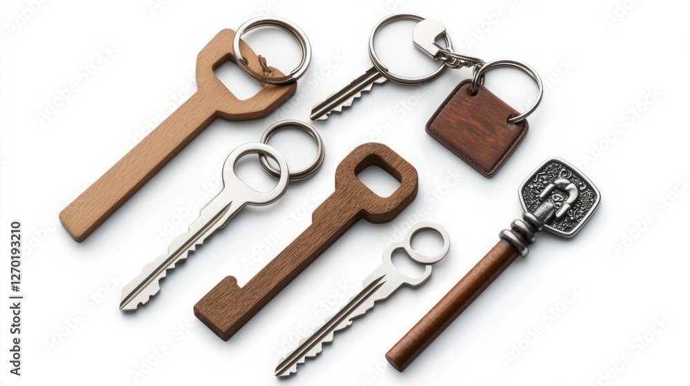 A collection of unique keychains, showcasing various designs and materials. Wooden keys and metal accents add a touch of rustic charm. A collection of unique keychains, showcasing various designs and materials. Wooden keys and metal accents add a touch of rustic charm.
