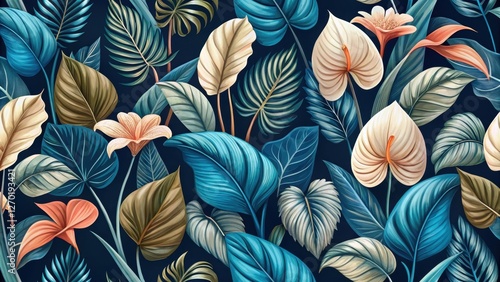 Wallpaper Mural Vibrant Tropical Leaf and Flower Seamless Pattern Design Featuring a Dark Background, Lush Greenery, and Elegant Blooms Torontodigital.ca