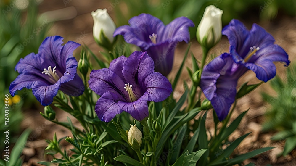 Striking Lightning XL Prairie Gentian flowers display vivid purple blossoms surrounded by green foliage in a lively garden setting during clear daylight hours Striking Lightning XL Prairie Gentian flowers display vivid purple blossoms surrounded by green foliage in a lively garden setting during clear daylight hours