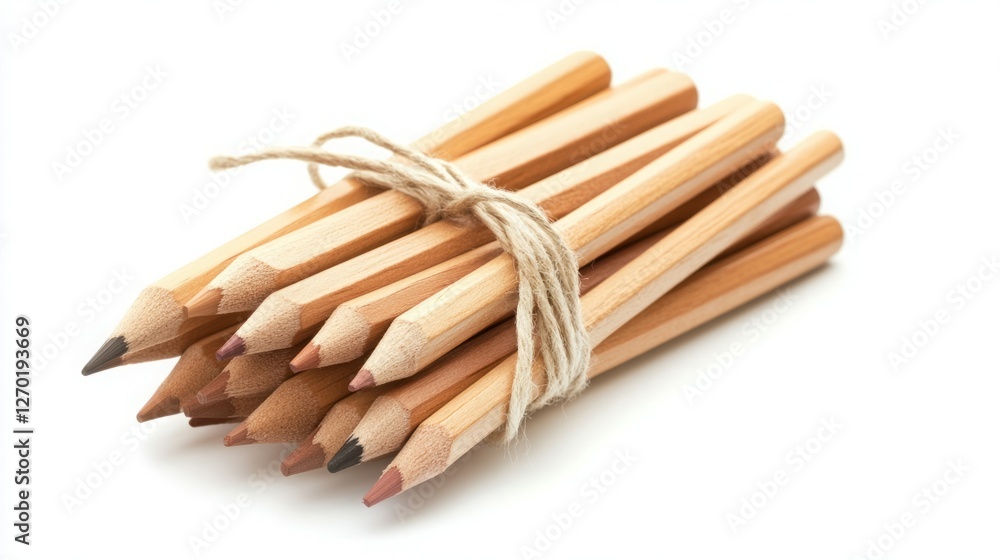 A bundle of natural wood colored pencils tied together with twine, ready for artistic endeavors. Shades of brown and beige create a warm, earthy palette. A bundle of natural wood colored pencils tied together with twine, ready for artistic endeavors. Shades of brown and beige create a warm, earthy palette.