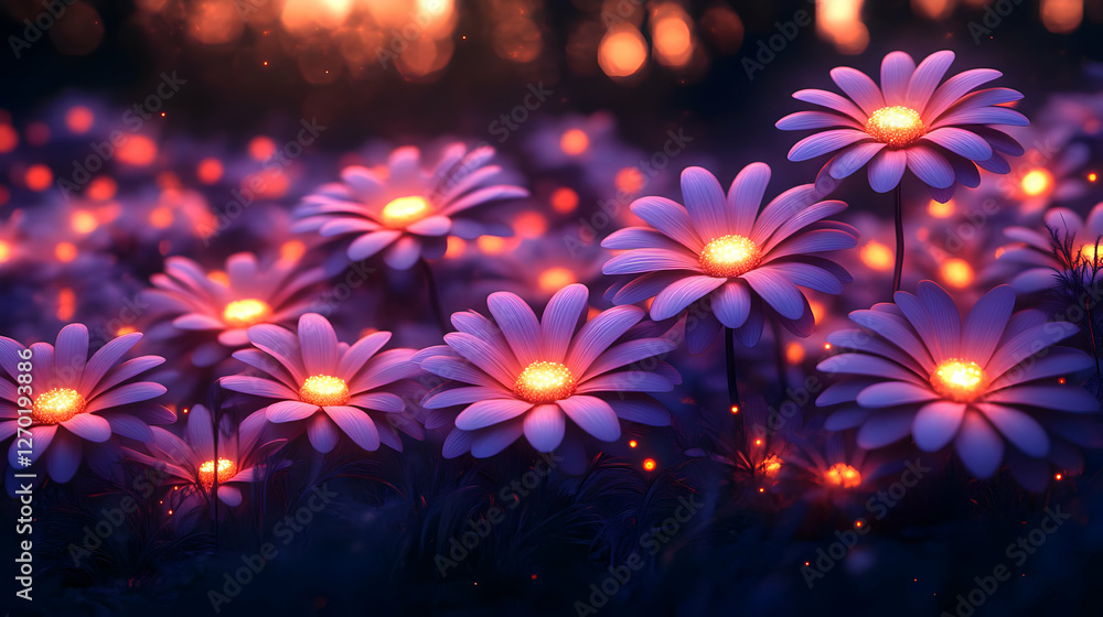 Glowing Purple Flowers In A Dark Field Glowing Purple Flowers In A Dark Field