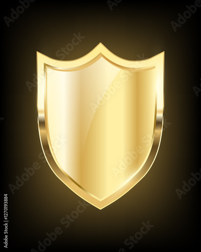 Gold shield, Realistic isolated golden armory trophy with metal coat, 3d luxury safety protection emblem, vintage blank shiny royal award. vector design illustration on dark background 