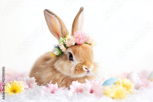 Charming Easter Bunny with Floral Crown Surrounded by Spring Flowers photo