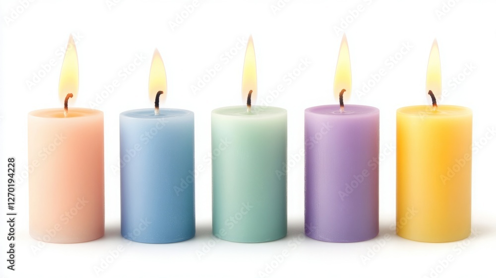 Five pastel-colored candles with flickering flames, arranged in a row against a white background. A serene and calming image. Five pastel-colored candles with flickering flames, arranged in a row against a white background. A serene and calming image.