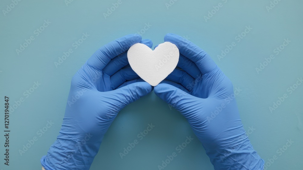 Blue gloved hands holding a small white heart shape Blue gloved hands holding a small white heart shape