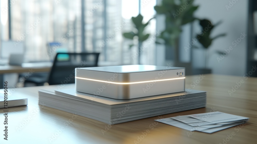 Modern Office Device on Stack of Papers, Minimalist Design Modern Office Device on Stack of Papers, Minimalist Design