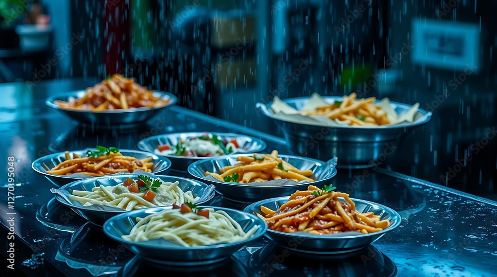 Fototapeta premium Delicious Pasta Dishes Under the Rain