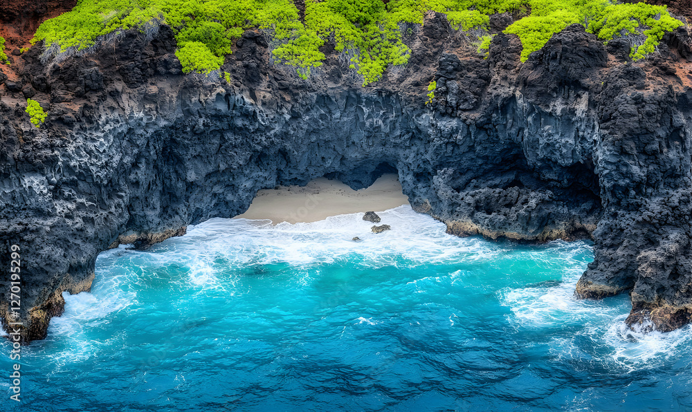 Obraz premium Dramatic aerial view of hidden cove, turquoise ocean waves crashing against volcanic rock cliffs, lush green vegetation.