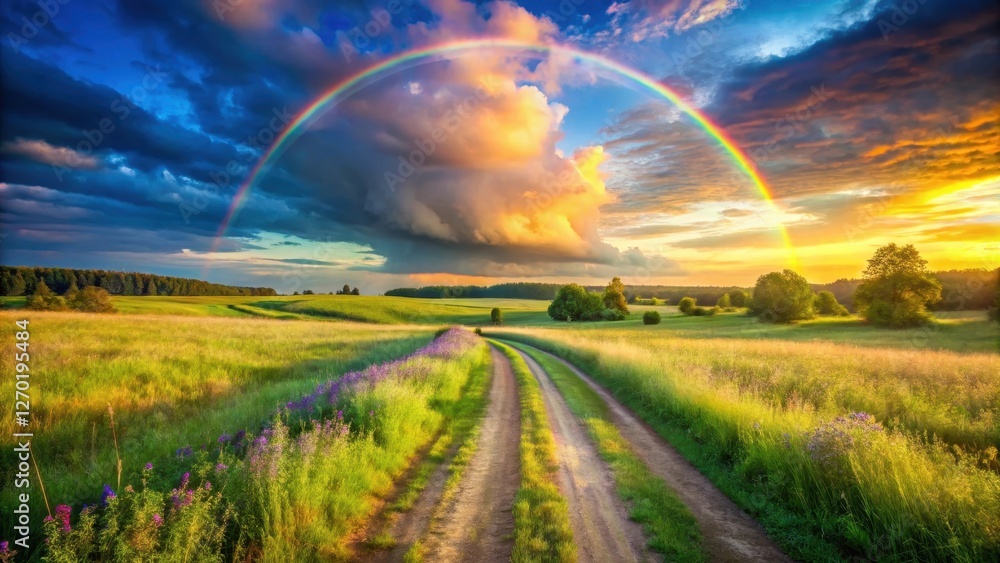 Obraz premium Serene Sunset Landscape A Dirt Road Through Vibrant Fields, Under a Majestic Rainbow Arch