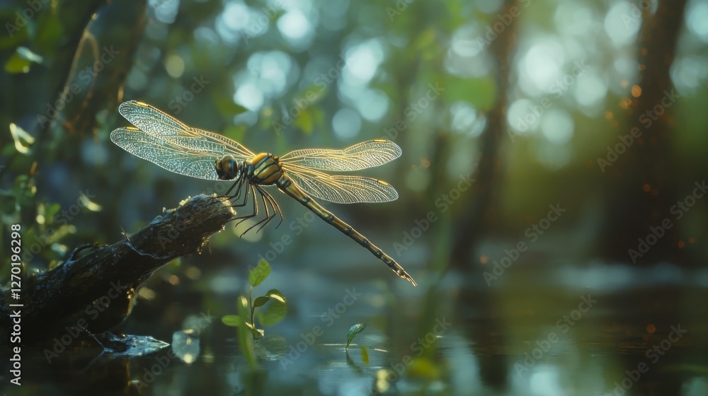 Naklejka premium A delicate dragonfly, with translucent wings, rests on a branch above a serene pond. The soft light creates a magical atmosphere.