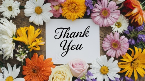 Thank you note surrounded by colorful flowers on wooden surface
