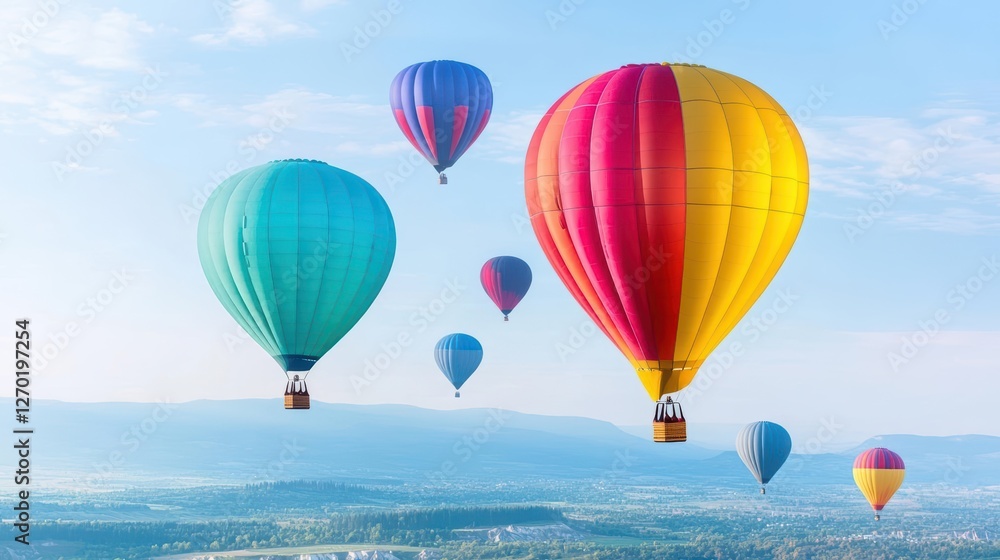 Colorful Hot Air Balloons Floating Gracefully in a Clear Blue Sky at Sunrise Creating a Joyful and Dreamy Atmosphere for Scenic Adventures Colorful Hot Air Balloons Floating Gracefully in a Clear Blue Sky at Sunrise Creating a Joyful and Dreamy Atmosphere for Scenic Adventures