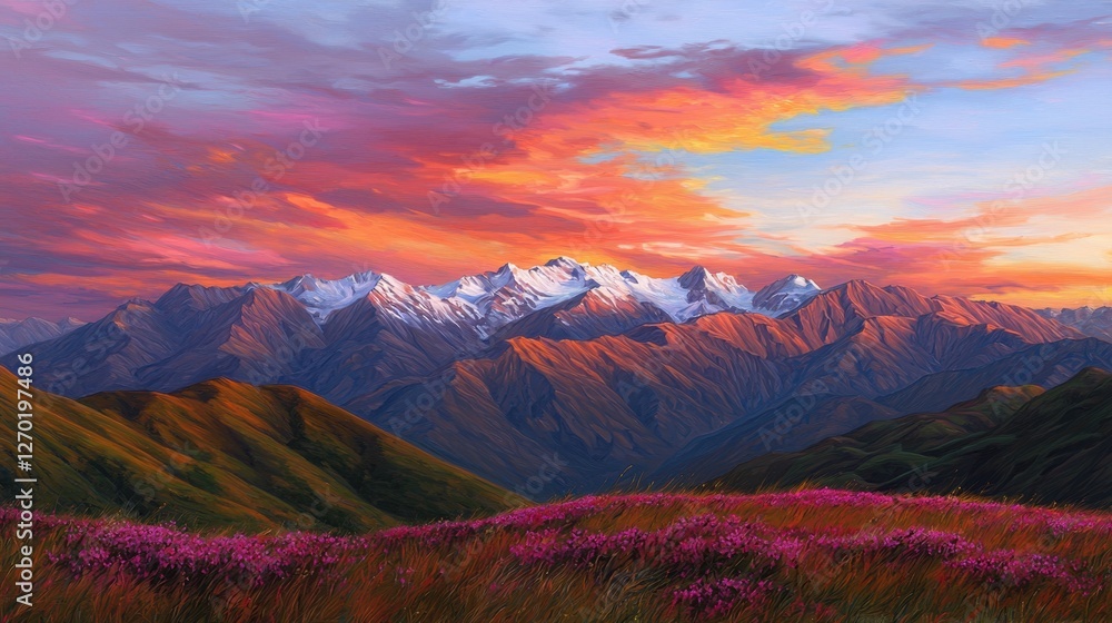 Obraz premium A vibrant mountain landscape at sunset, featuring snow-capped peaks and a field of blooming flowers under a colorful sky.