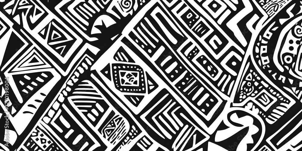 A Striking Monochrome Textile Design Featuring Bold Geometric Tribal Patterns and Intricate Maori-Inspired Motifs A Striking Monochrome Textile Design Featuring Bold Geometric Tribal Patterns and Intricate Maori-Inspired Motifs