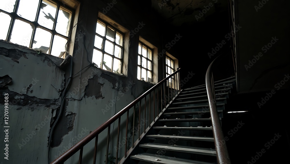 Abandoned Building Staircase Interior: Atmospheric and Decayed Urban Exploration Scene Abandoned Building Staircase Interior: Atmospheric and Decayed Urban Exploration Scene