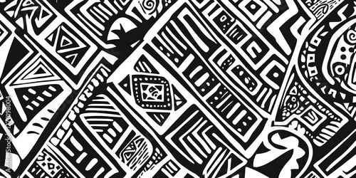 A Striking Monochrome Textile Design Featuring Bold Geometric Tribal Patterns and Intricate Maori-Inspired Motifs