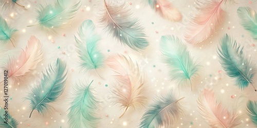 A Dreamy Arrangement of Soft Pastel Feathers Floating on a Gentle, Light Background with Sparkling Dust