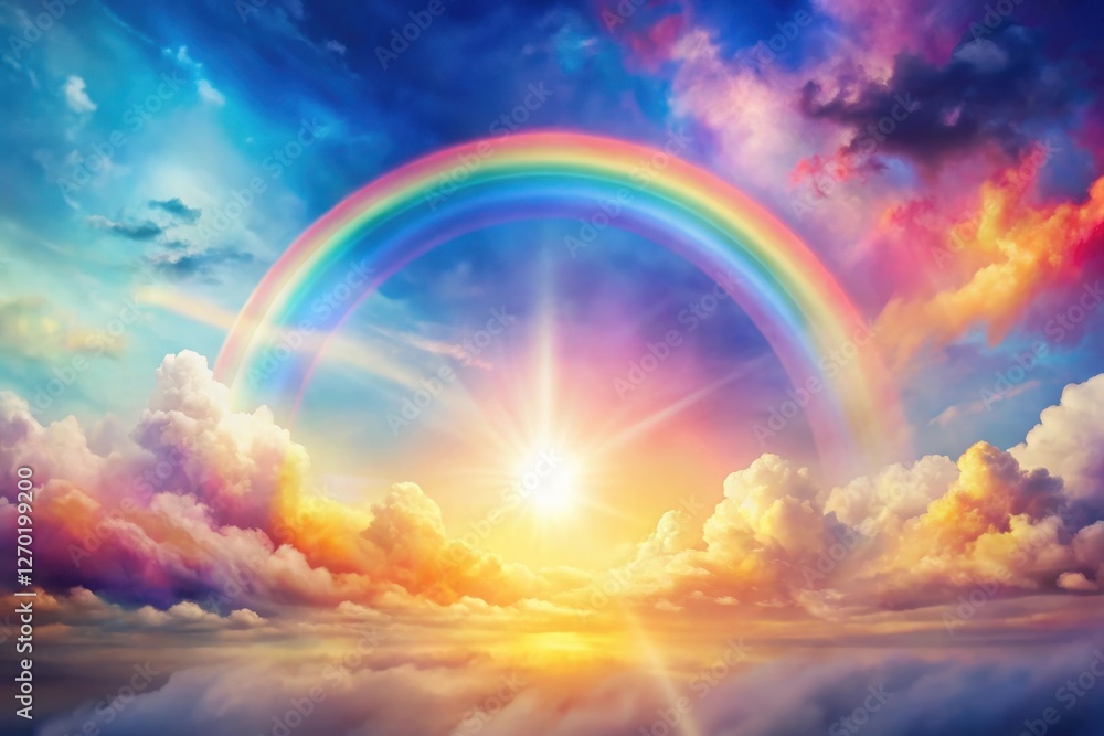 Celestial Panorama A Vibrant Rainbow Arcing Across a Dreamlike Sunset Sky, Bathed in Golden and Pastel Hues Celestial Panorama A Vibrant Rainbow Arcing Across a Dreamlike Sunset Sky, Bathed in Golden and Pastel Hues