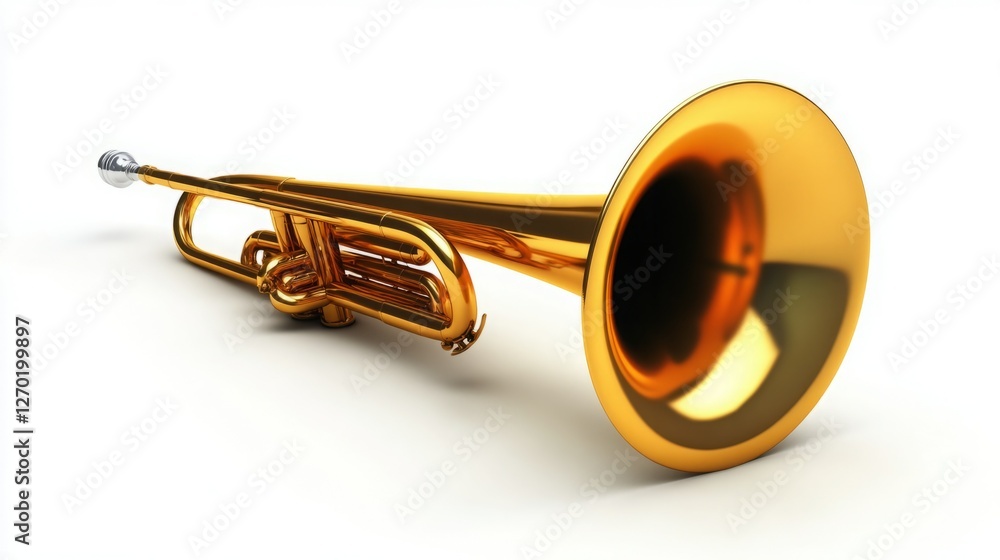Obraz premium A gleaming golden trumpet rests on a stark white background, ready to fill the air with music. The instrument's polished finish reflects light beautifully.