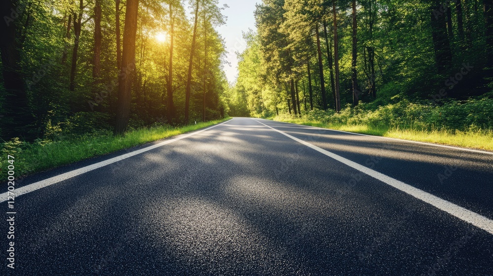 Fototapeta premium A smooth asphalt road cutting through a dense forest, with sunlight filtering through the trees.