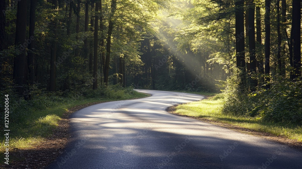 Fototapeta premium A smooth asphalt road cutting through a dense forest, with sunlight filtering through the trees.