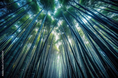 A Serene Path Through a Mystical Bamboo Forest, Tall Stalks Reaching Towards the Light, Creating a Canopy of Lush Greenery