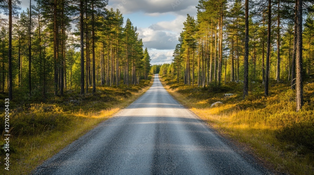 Fototapeta premium A straight road stretching into the distance, surrounded by tall trees and open grassland under a bright sky.