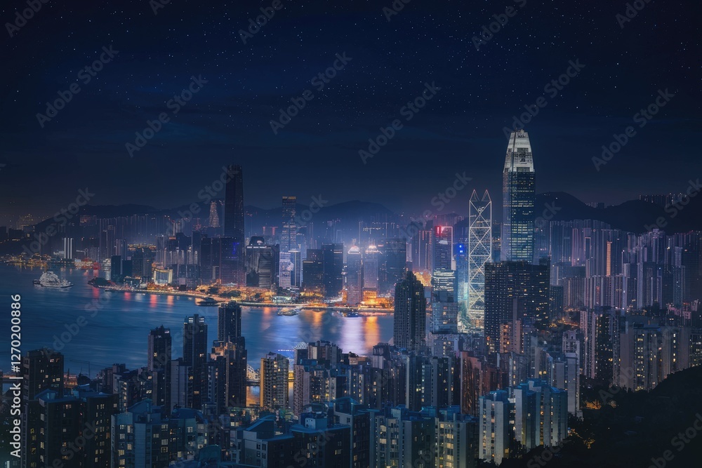 Fototapeta premium Hong Kong Skyline at Night, Starry Sky, Aerial View, Modern Architecture, Urban Landscape, Night Photography, Deep Blues, Illuminated Buildings