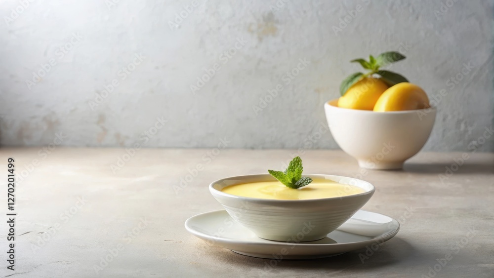 A refreshing bowl of creamy lemon custard, garnished with a sprig of mint, sits on a saucer against a muted background, accompanied by a bowl of ripe lemons. A refreshing bowl of creamy lemon custard, garnished with a sprig of mint, sits on a saucer against a muted background, accompanied by a bowl of ripe lemons.
