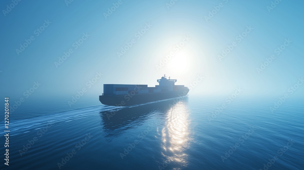 Epic scene of a giant container ship traveling on smooth ocean waters, illuminated by sunlight, surrounded by endless blue skies and tranquility. Epic scene of a giant container ship traveling on smooth ocean waters, illuminated by sunlight, surrounded by endless blue skies and tranquility.
