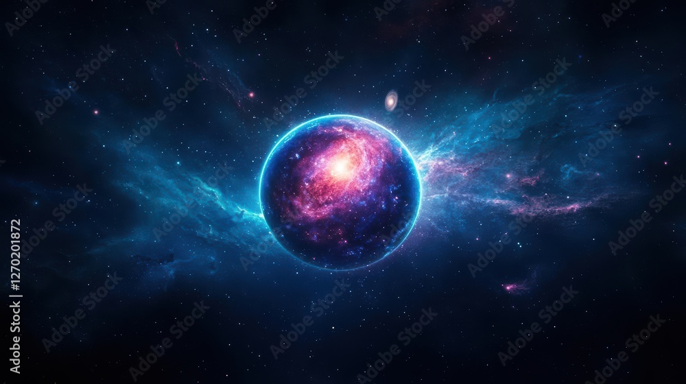 Fototapeta premium Vivid Celestial Scene Featuring a Colorful Planet Surrounded by Glimmering Stars and Ethereal Nebulas Against a Deep Space Background of Wonder